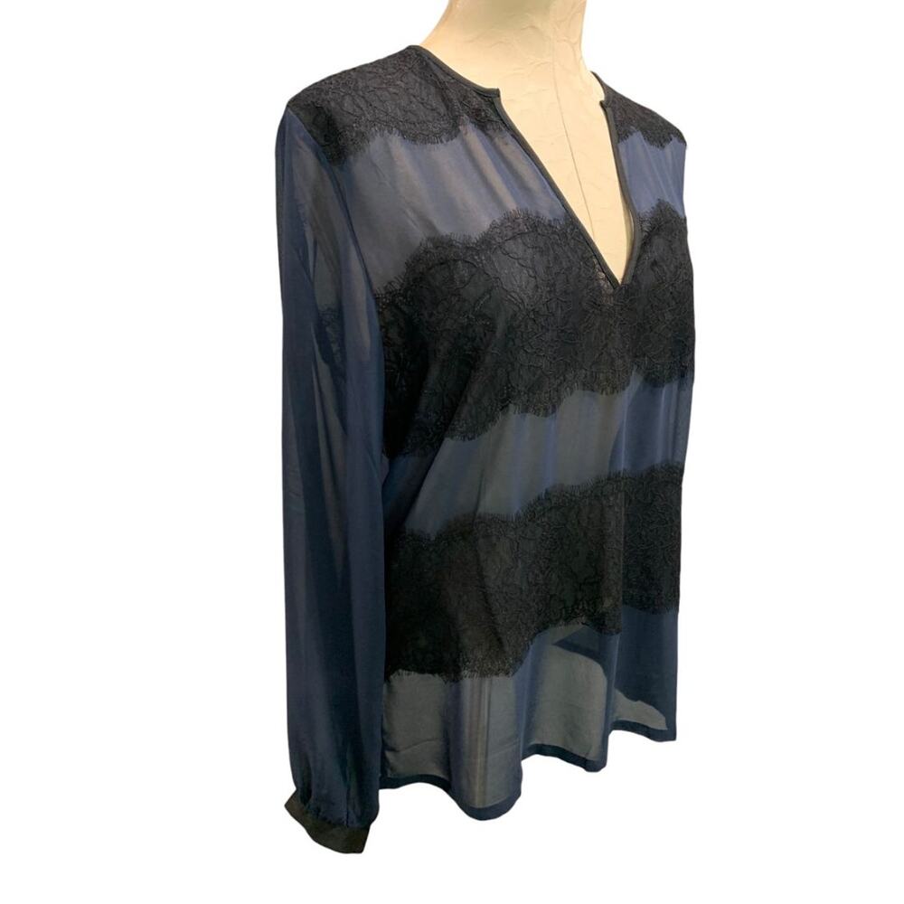 Medium Ann Taylor Womens Sheer V-Neck Pullover Shirt Navy Blue Black